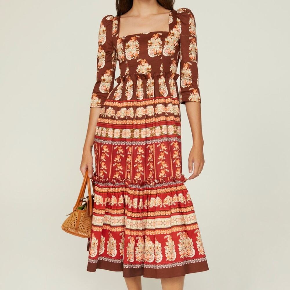 Cara Cara Red and Tan Ruffled Tiered Maxi Dress